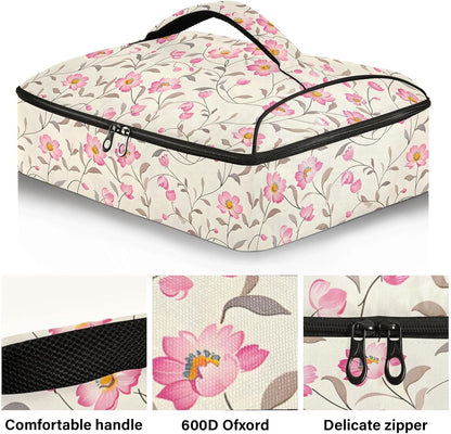Casserole Carrier Insulated Floral Pink Flower Dish 9x13 with Lid Party Travel Warmer Bag for Hot or Cold Food Lasagna Pizza Holder Tote