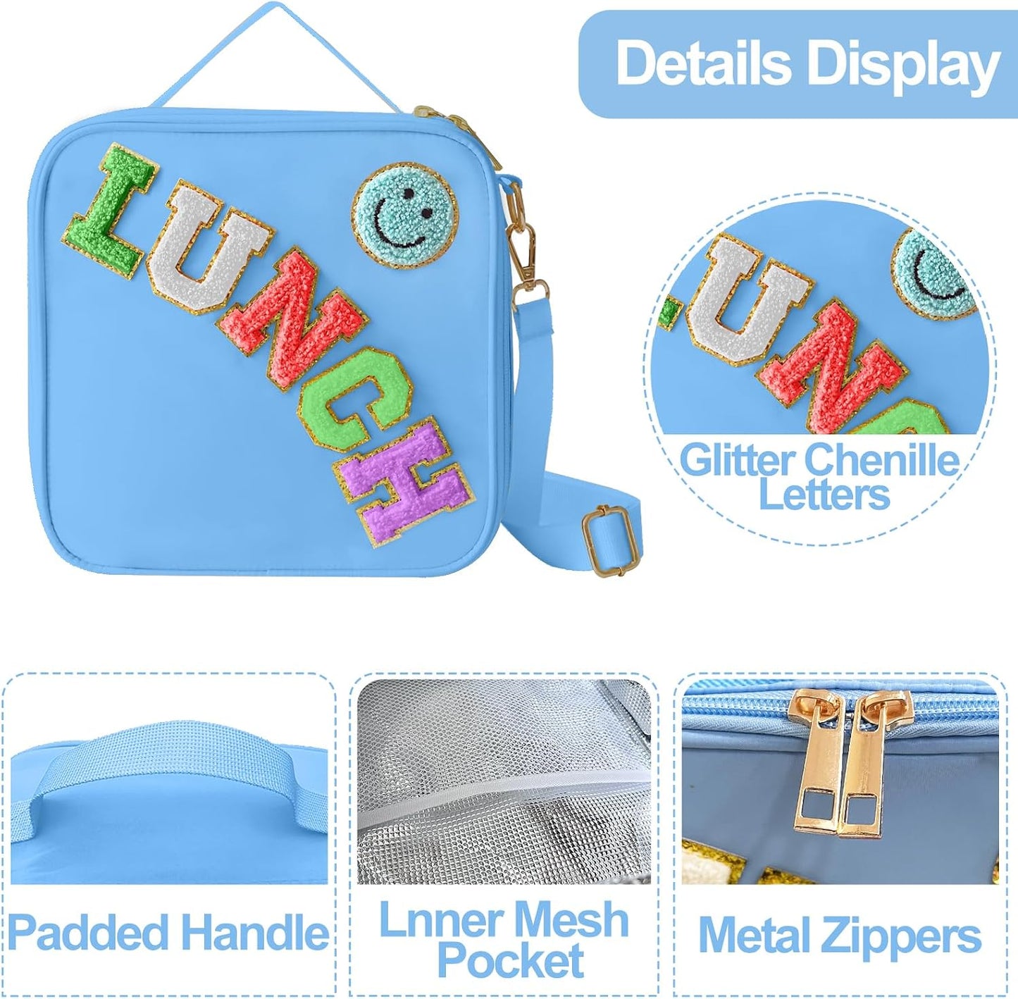 Insulated Lunch Bag With Adjustable Shoulder Strap, Nylon Preppy Lunch Box Large Insulated Lunch Bag Reusable Lunch Tote Bag with Smiley Preppy LunchBag for Girls School Travel Picnic (Green)