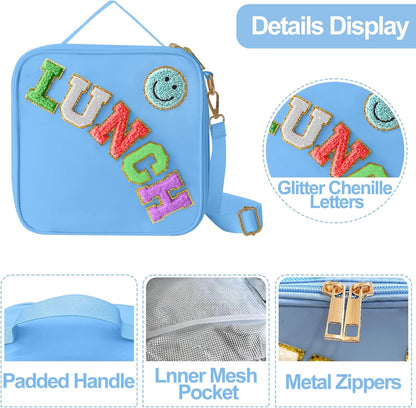 Insulated Lunch Bag With Adjustable Shoulder Strap, Nylon Preppy Lunch Box Large Insulated Lunch Bag Reusable Lunch Tote Bag with Smiley Preppy LunchBag for Girls School Travel Picnic (Green)