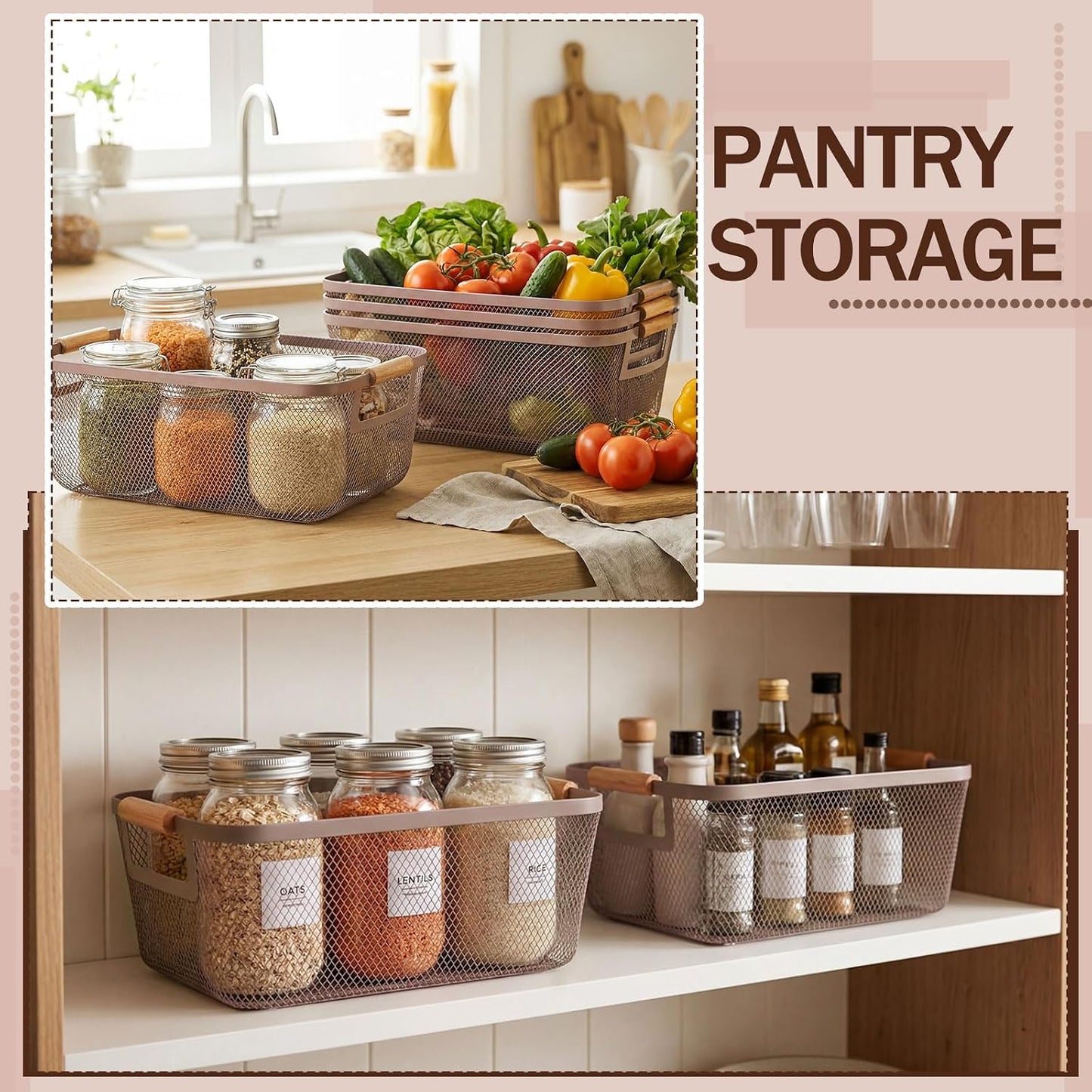 Mumufy 3 Pcs Metal Mesh Basket with Wooden Handles Wire Steel Organizer Bins Pantry Organizers Kitchen Baskets for Closet Cabinet Bathroom Fridge Food Snacks Organization (Warm Tapue,3 Sizes)