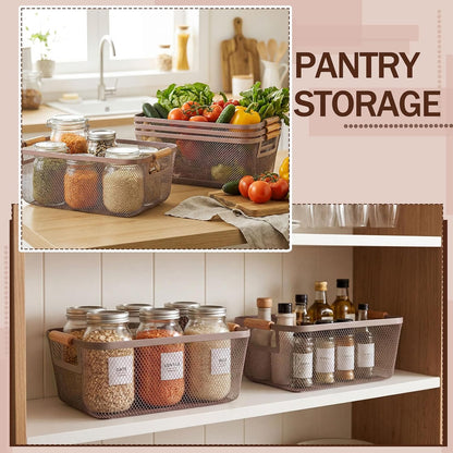 Mumufy 3 Pcs Metal Mesh Basket with Wooden Handles Wire Steel Organizer Bins Pantry Organizers Kitchen Baskets for Closet Cabinet Bathroom Fridge Food Snacks Organization (Warm Tapue,3 Sizes)