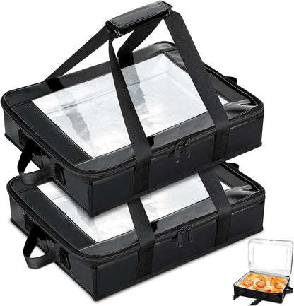2 Pack Foil Pan Carrier with Clear Lid, PU Leather Aluminum Pan Holders with Long Handle,Serving Tray for Food,Insulated Casserole Carrier for Travel,Picnic,Parties,Fits 9"x13" Baking Dish (2, Black)