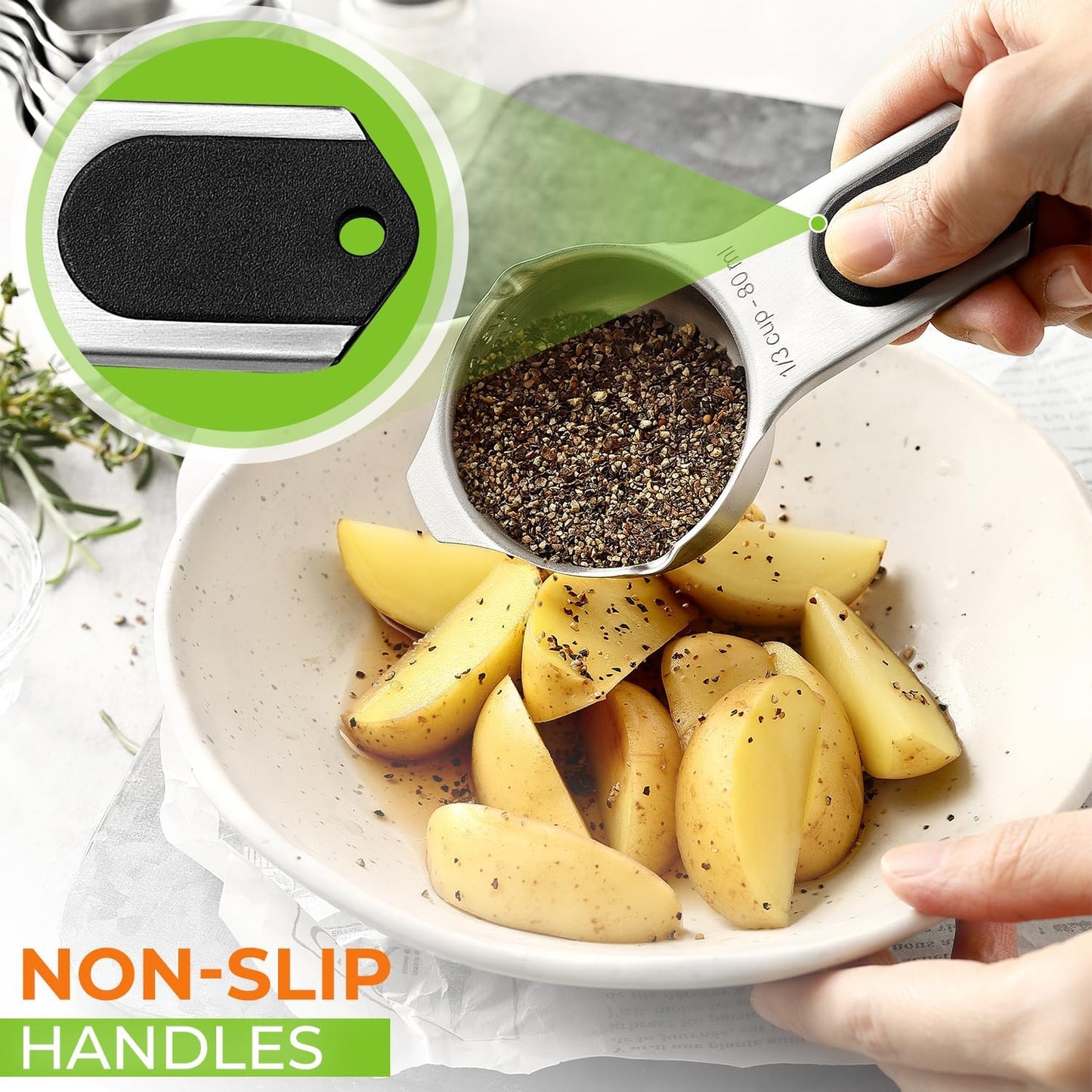 Spring Chef Stainless Steel Measuring Cups Set of 7 with Pour Spout - Nesting Kitchen Tools with Easy Read Markings to Measure Dry or Liquid Ingredients - Metal Measuring Cups for Baking & Cooking