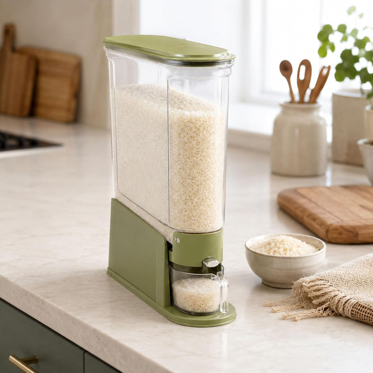 ROOM127 Rice Dispenser 22 Lbs, Large Airtight Grain Container, Cream White | Family Size Storage, BPA-Free, Moisture-Proof Seal, One-Touch Pouring, Clear Window, for Cereal, Beans, Oats & Dry Food