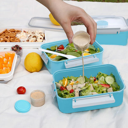 3 Pack Salad Lunch Box Food Storage Containers, 47oz Bento Box To Go Container with Lids, Reusable Meal Prep Containers with Removable Tray & Dressing Pots for Kids and Adults, Microwave Safe