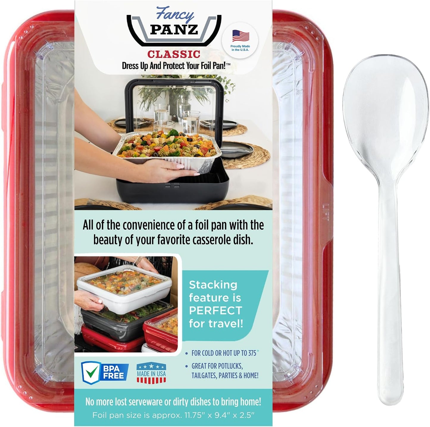 Fancy Panz Red Classic Aluminum Foil Pan Carrier with Secure Latch Lid - Reusable Casserole Carrier for Half Size Pans - Food Transport Holder for Potlucks, Parties, Tailgates & Entertaining