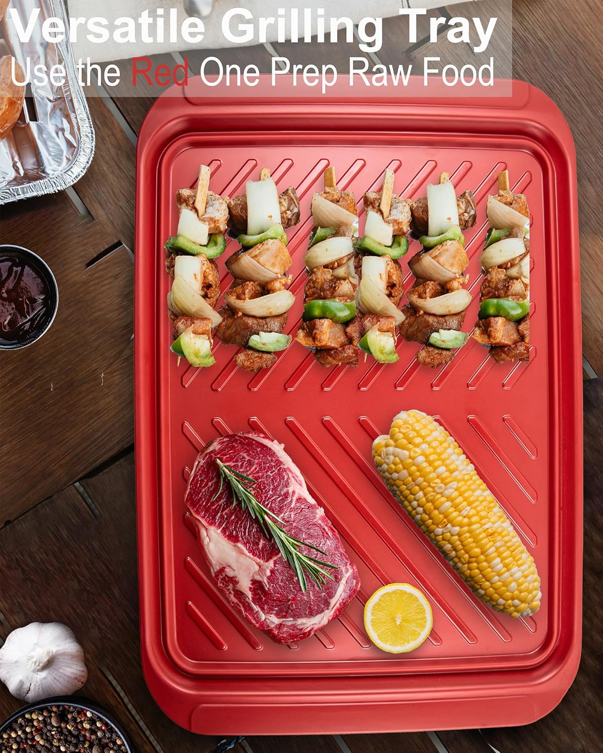 ECOIOU Large Grilling Prep and Serve Trays, 17" x 10.5" x 1.2" BBQ Platters for Raw and Cooked Food, Melamine Serving Trays for Food, Set of 2, Black and Red, Cleaning Pack Included