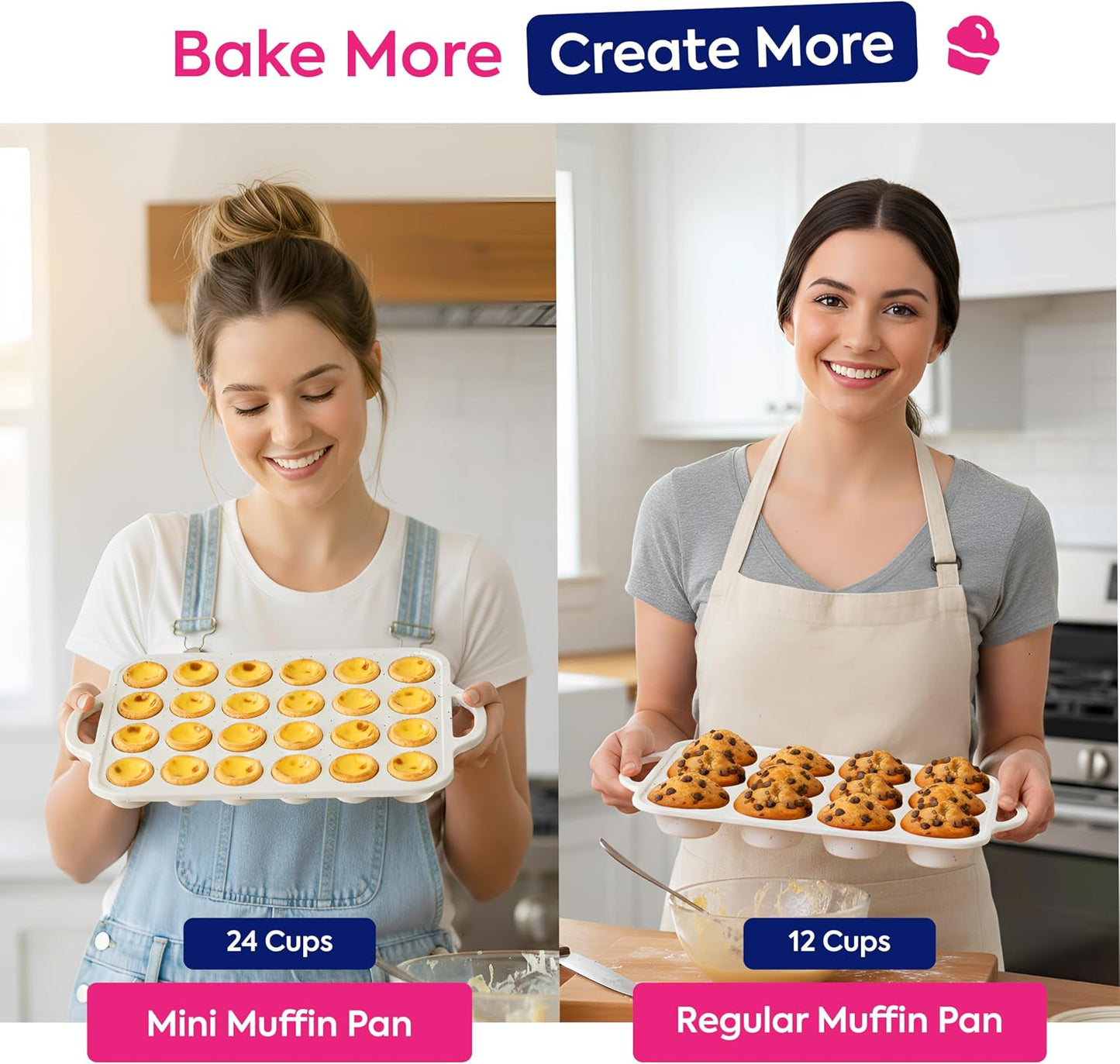 RICCLE 2 Pack Silicone Muffin Pans for Baking with Metal Reinforced Frame - Regular 12 Cup Silicone Muffin Pan & 24 Cup Mini Cupcake Pans - Silicone Cupcake Pan Set - Oven & Dishwasher Safe, BPA-Free