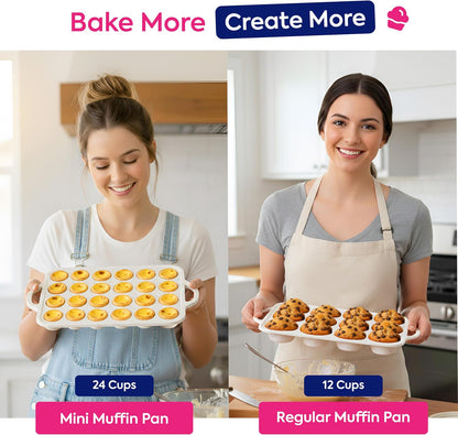 RICCLE 2 Pack Silicone Muffin Pans for Baking with Metal Reinforced Frame - Regular 12 Cup Silicone Muffin Pan & 24 Cup Mini Cupcake Pans - Silicone Cupcake Pan Set - Oven & Dishwasher Safe, BPA-Free