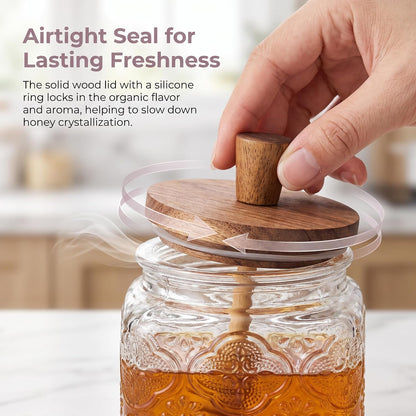 17 oz glass honey jar with wooden dipping spout and lid, sealed honey dispenser, kitchen wide mouthed honey pot, rural glass honey jar with dipping spout stick