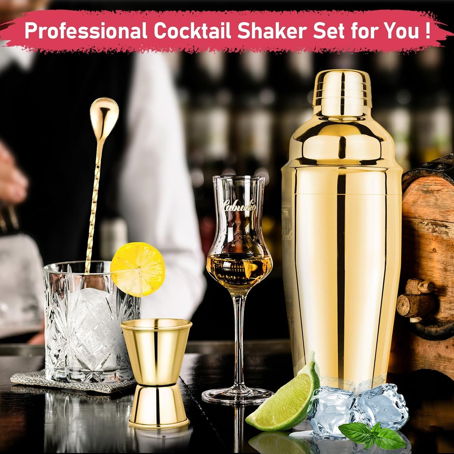 24oz Cocktail Shaker Set Martini Shaker Set Bartender Set with Margarita Mixer Drink Shaker, Measuring Jigger and Mixing Spoon - Professional 18/8 Stainless Steel Bar Tools for Mixed Drinks