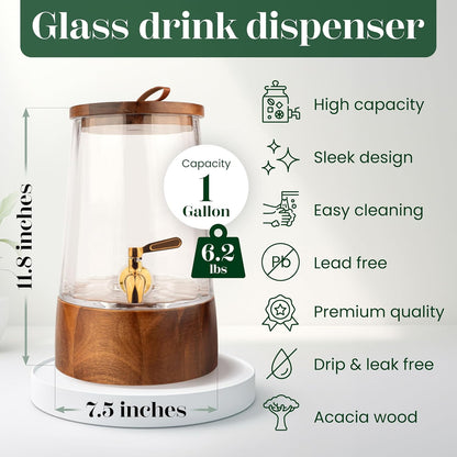 FOODLE Extra Large Glass Drink Dispenser with Spigot - Glass Beverage Dispenser with Stand - Perfect for Parties & Catering - Pitcher for Lemonade, Water, Sangria & Juice - Leakproof Spout - 3 Gallon