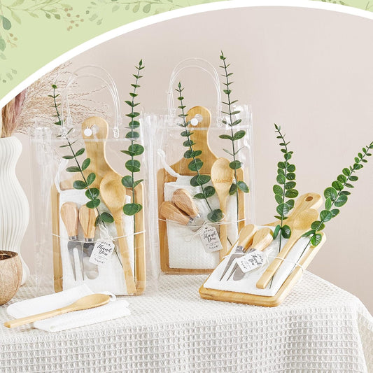 Baby Shower Prizes for Game Winners Bamboo Cheese Board Spoon Fork Butter Spreaders Plaid Towel Thank You Card and Gift Bags for Baby Shower Wedding Bridal Shower Favors (Acacia, 6 Sets)