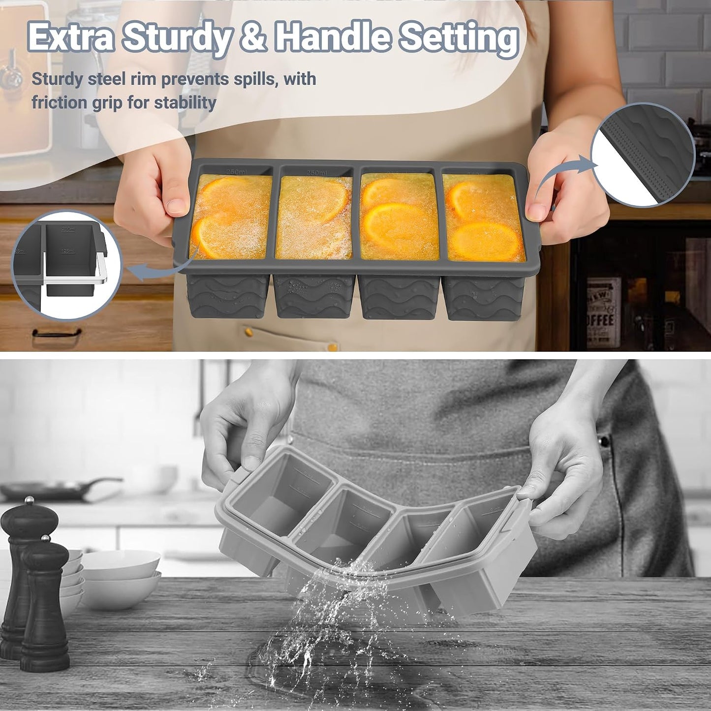 Doasuwish Silicone Freezer Molds for Soup with Lid – 1-Cup Soup Container Style Ice Cube Trays for Freezer, Meal Prep & Food Storage, Freeze 250mL/125mL Portions – 2 Pack