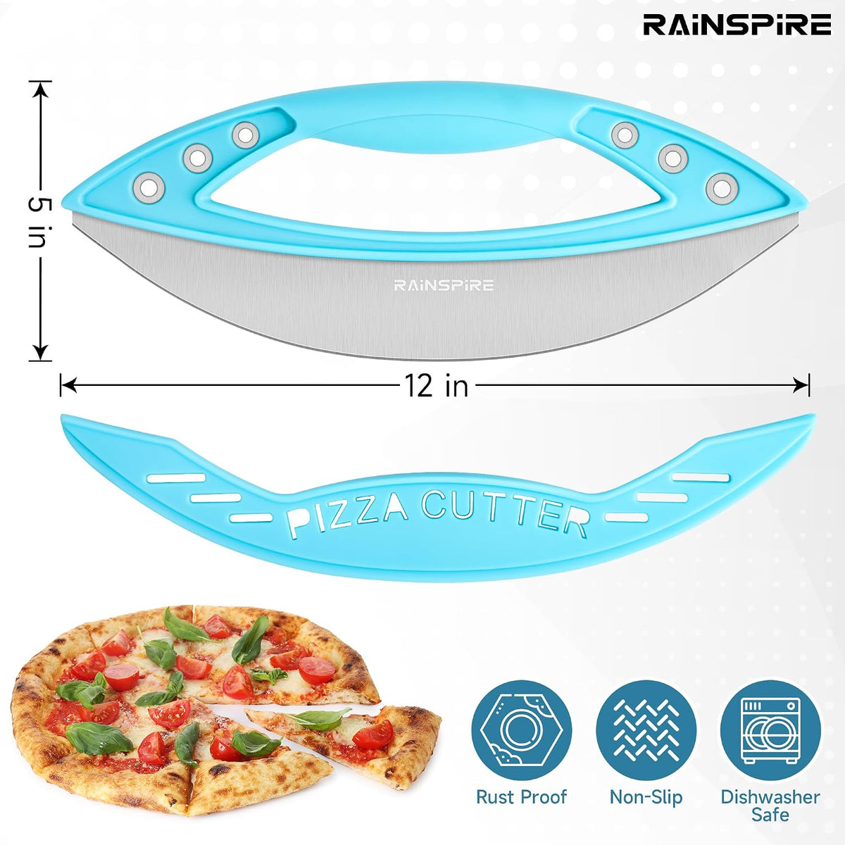 Rainspire 12" Pizza Cutter Rocker Blade Stainless Steel Pizza Rocker with Cover Sharp Blade Pizza Knife Dishwasher Safe Kitchen Gadgets Home Essentials, Black