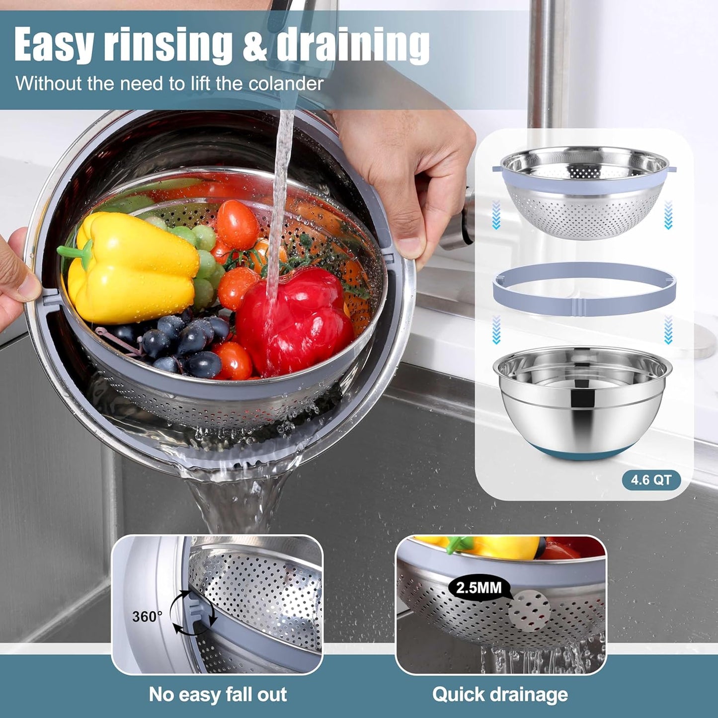 E-far Mixing Bowls with Lids Set, 15PCS Stainless Steel Mixing Nesting Bowl with Colander & 3 Metal Grater for Kitchen Prep/Baking/Storage, Non-Slip Bottom & Airtight Lid, 4.6, 3, 1.5, 1, 0.7QT, Black