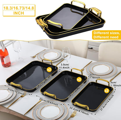 Rtteri Set of 6 Serving Platters with Handles 18.3/16.73/14.8 Inch Large Rectangular Trays, Reusable Pet Plastic for Entertaining, Dinner Parties, Weddings(Round Beads Handles,White)