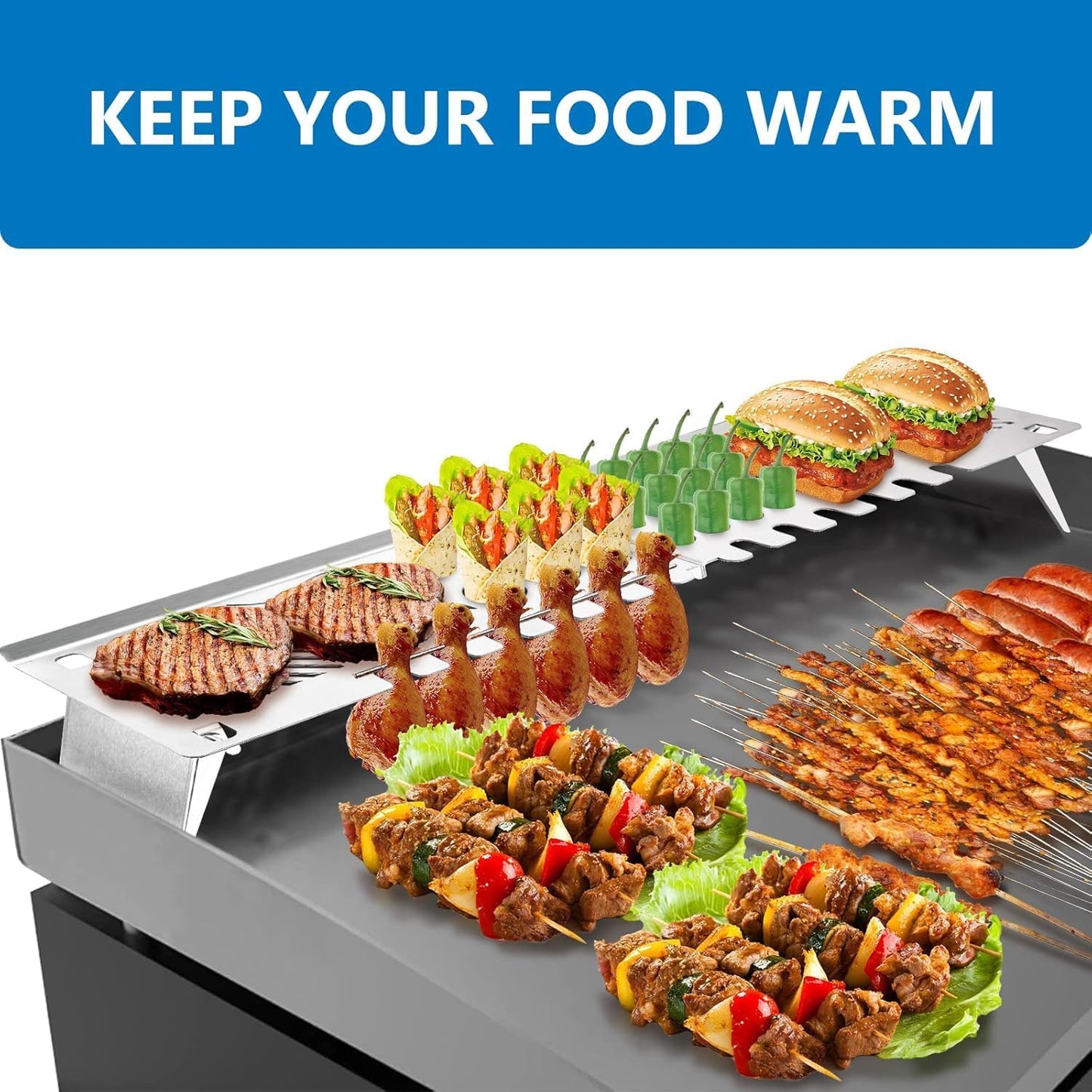 Utheer 2-Pack Griddle Warming Rack for Blackstone 28" Griddles, Stainless Steel Flat Top Grill Accessories | Reversible Rack Adds Prep Space, Foldable Clip-On Design Expands Cooking & Holding Area