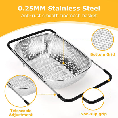 ZDRongZhen Kitchen Accessories Over the Sink Colander Strainer Basket，Stainless Steel Colander with Expandable Rubber Grip Sink Drainer-Rinse Vegetables Fruits &Strain&Drain (Large-Fine mesh)