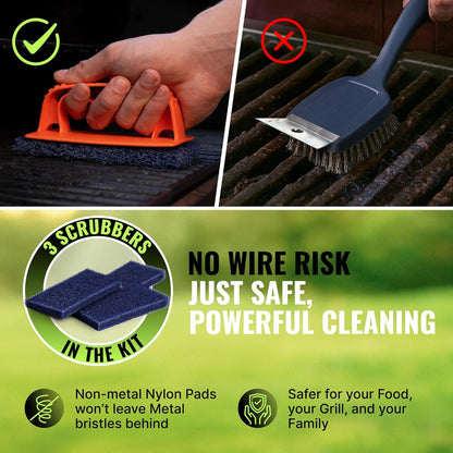 Citrusafe Complete Grill Cleaning Kit - Grill Cleaner Spray (16oz), Scrubber 3 Pack, Nylon Brush, Cookbox Scraper and Microfiber Cleaning Towel - Tools to Clean BBQ Grill Grates, Smokers, Ovens