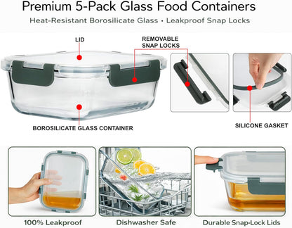 Brieftons Glass Meal Prep Containers: 5 Pack, 35 Oz with Airtight, Leakproof Snap Locking Lids, Perfect for Food Storage, Lunch & Portion Control, BPA-Free, Microwave, Oven, Freezer & Dishwasher Safe