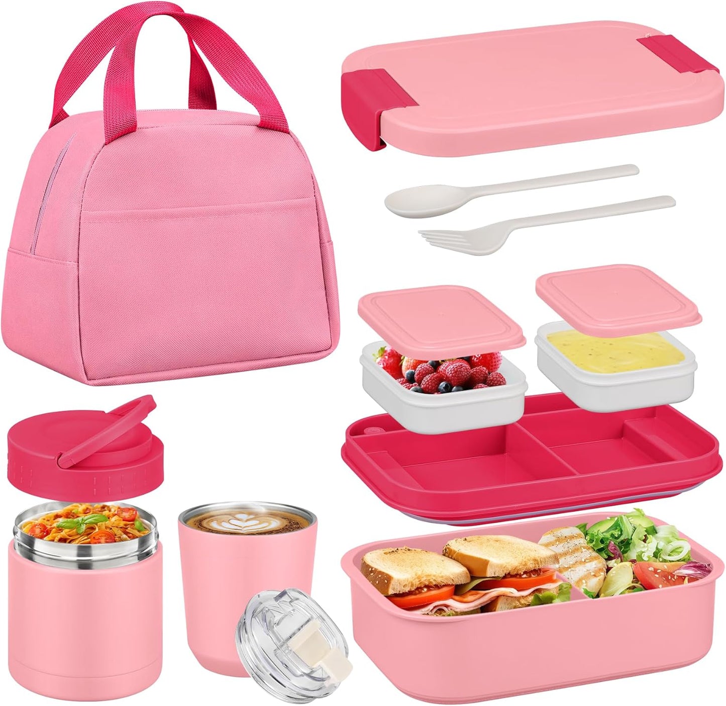 Bento Lunch Box Set with 10.5oz Soup Thermo Food Jar for Adults Kids, Stainless Steel Leak-proof Lunch Container with 4 Compartment, Coffee Tumbler with Lunch Bag for School Travel Office-Grey