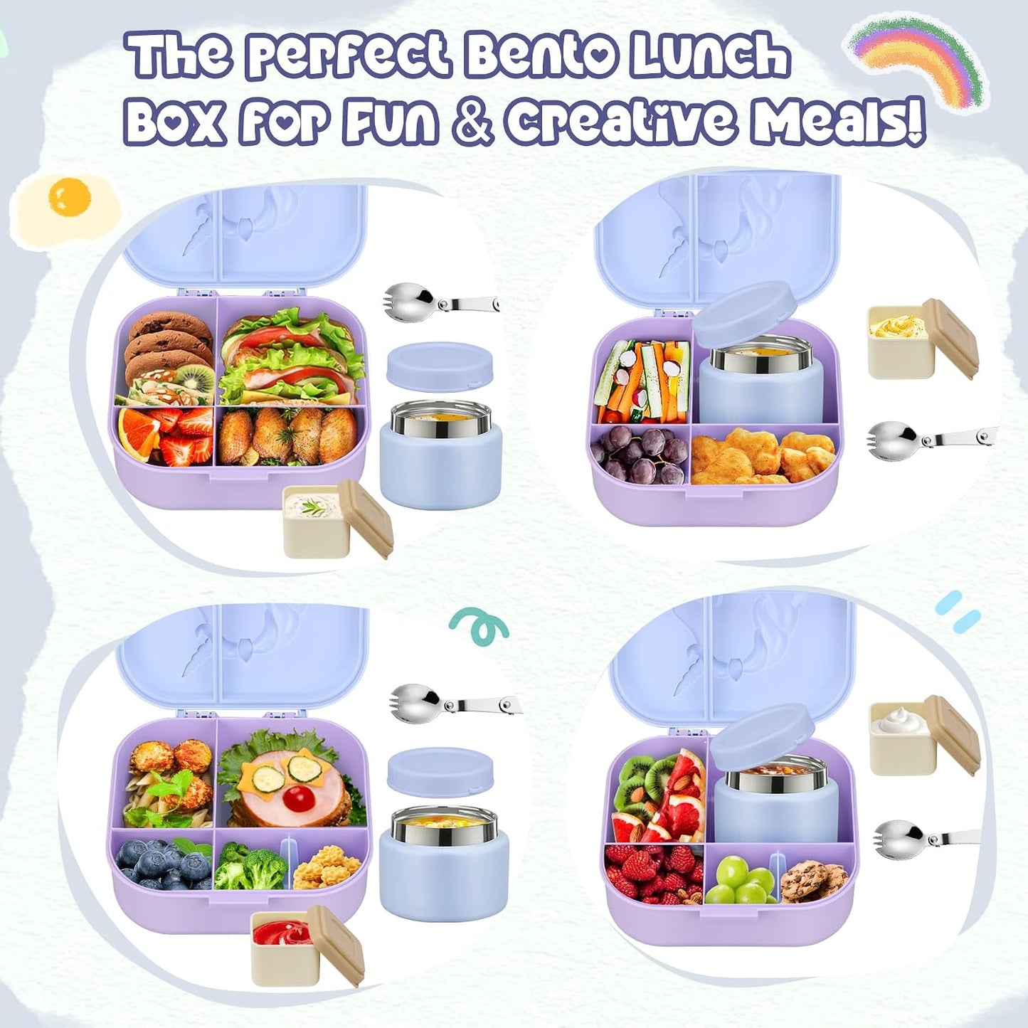 Aimsnk Magical Fantasy Lunch Box Set for Kids - 12oz Insulated Food Jar, Collapsible Space Cup & Utensils,Thermal Bag & Leakproof Bento Containers with Cutlery (BPA Free) - Ages 3-10 (Blue-Gradient)