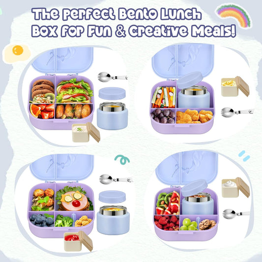 Aimsnk Magical Fantasy Lunch Box Set for Kids - 12oz Insulated Food Jar, Collapsible Space Cup & Utensils,Thermal Bag & Leakproof Bento Containers with Cutlery (BPA Free) - Ages 3-10 (Blue-Gradient)