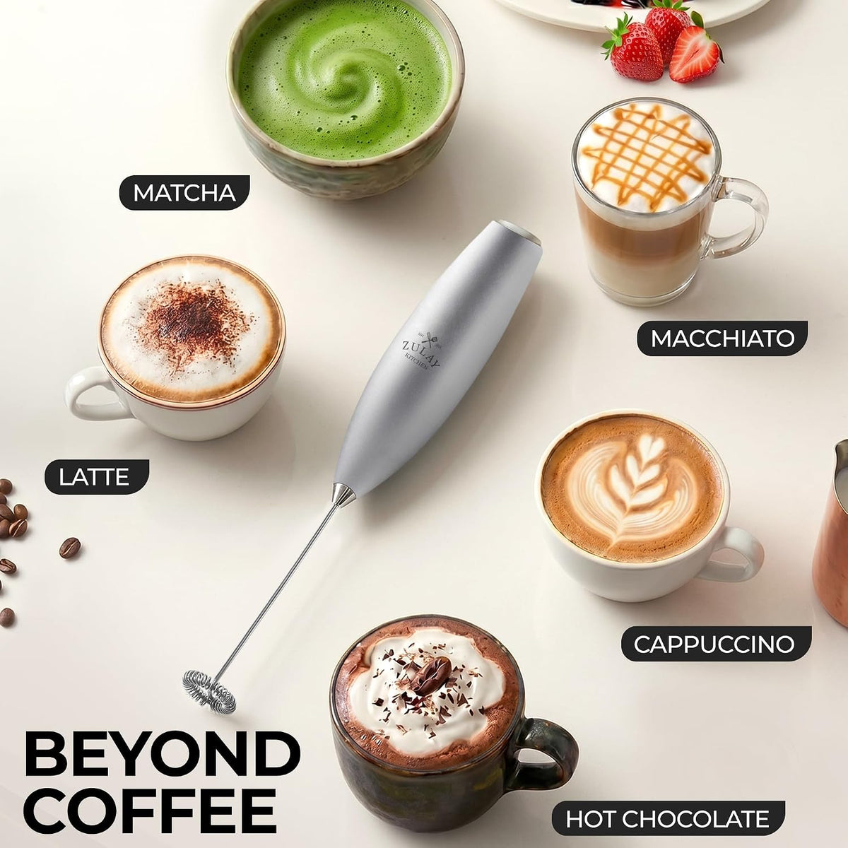 Zulay Kitchen Rechargeable Milk Frother Handheld - Frother Wand, Drink Mixer, Electric Whisk Frother, for Cappuccinos, Matcha & Protein Powder - Dynamic 3 Whisk, 3 Speed 500mAh Black - Colors C