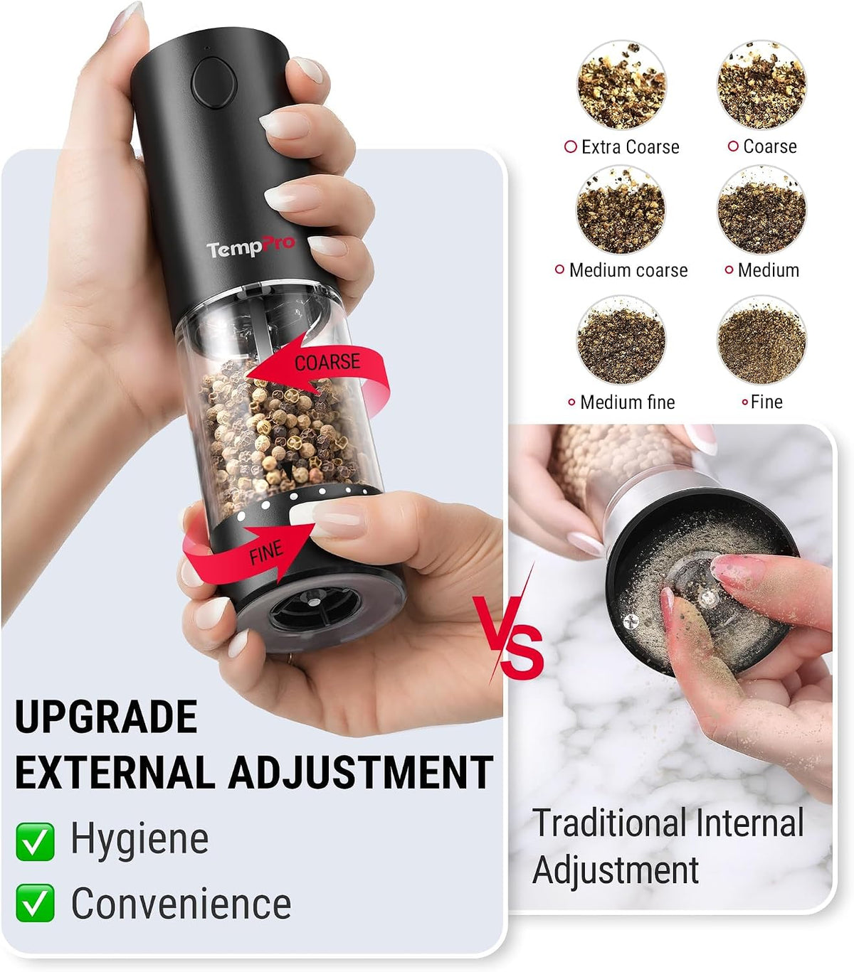 TempPro Rechargeable Electric Salt and Pepper Mill Set with Large Capacity