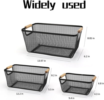 Wire Basket, 3 Pack Metal Mesh Pantry Basket with Wooden Handle for Organizing, 3 Sizes Black Wire Steel Bins Pantry Organizers and Storage, Kitchen Fruit Containers for Shelves Cabinets Organization