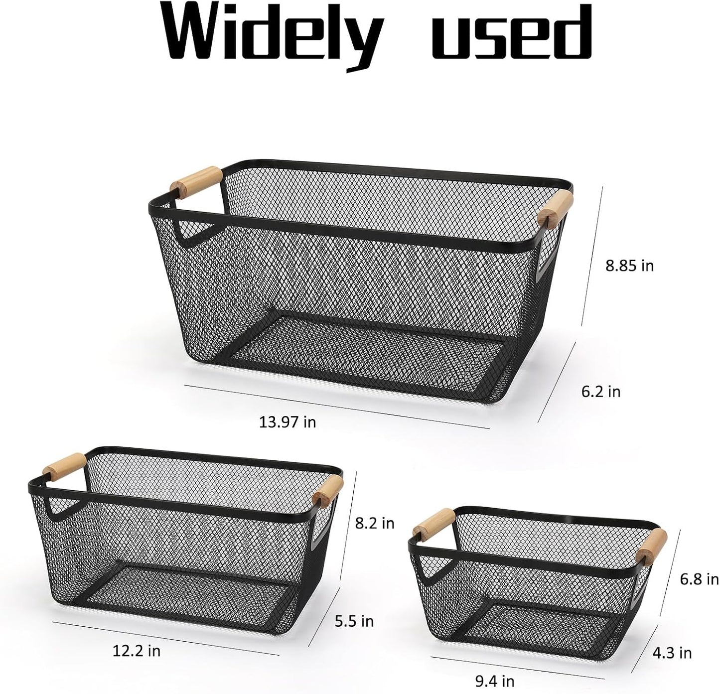 Wire Basket, 3 Pack Metal Mesh Pantry Basket with Wooden Handle for Organizing, 3 Sizes Black Wire Steel Bins Pantry Organizers and Storage, Kitchen Fruit Containers for Shelves Cabinets Organization