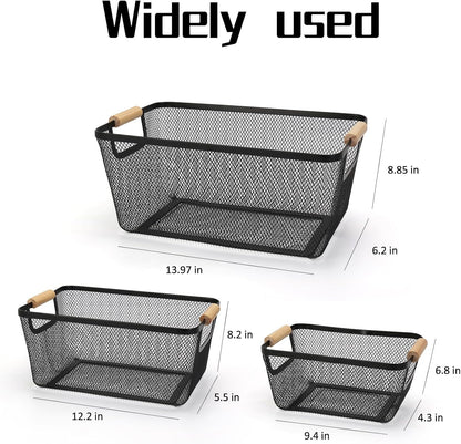 Wire Basket, 3 Pack Metal Mesh Pantry Basket with Wooden Handle for Organizing, 3 Sizes Black Wire Steel Bins Pantry Organizers and Storage, Kitchen Fruit Containers for Shelves Cabinets Organization