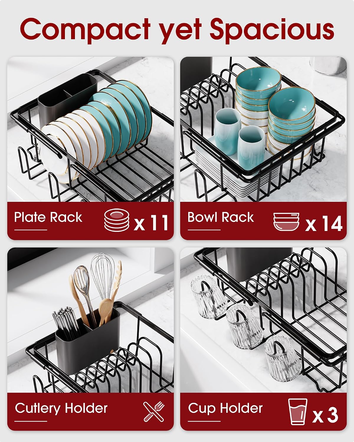 Sakugi Dish Drying Rack in Sink - Expandable Stainless Steel Dish Rack Over the Sink, Kitchen Sink Drain Strainer with Cutlery Holder & Cup Holders, 15.4 x 9.8 x 3.0 Inch, Black