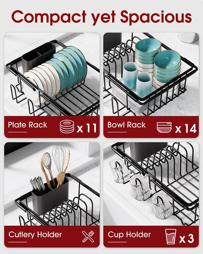Sakugi Dish Drying Rack in Sink - Expandable Stainless Steel Dish Rack Over the Sink, Kitchen Sink Drain Strainer with Cutlery Holder & Cup Holders, 15.4 x 9.8 x 3.0 Inch, Black