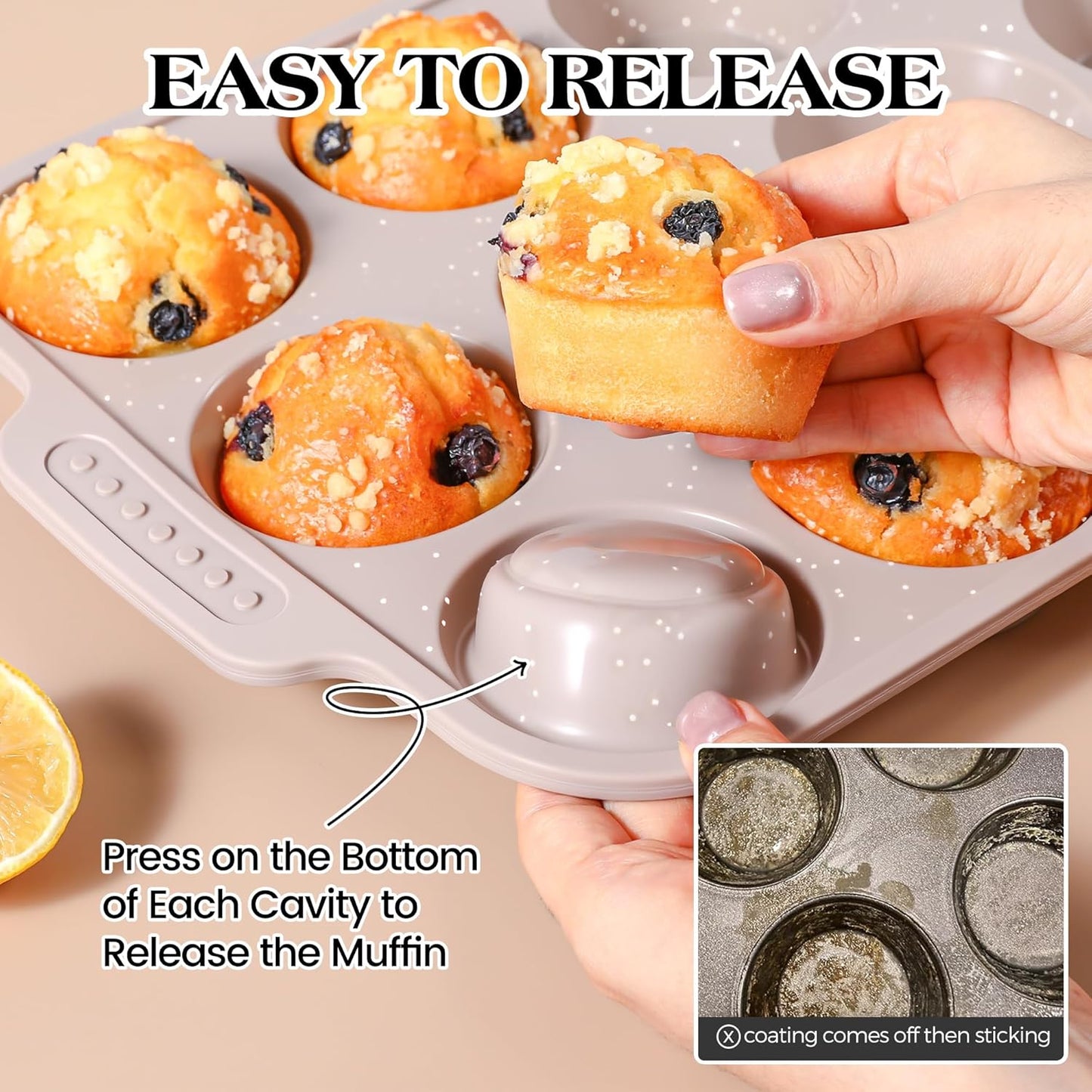 2 Pcs Silicone Muffin Pans for Baking with Metal Reinforced Frame, Nonstick Cupcake Tray for Oven, 12 Cups Regular Size Silicone Molds for Egg Bites, Dishwasher Safe (Brown, Cream)