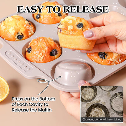 2 Pcs Silicone Muffin Pans for Baking with Metal Reinforced Frame, Nonstick Cupcake Tray for Oven, 12 Cups Regular Size Silicone Molds for Egg Bites, Dishwasher Safe (Brown, Cream)