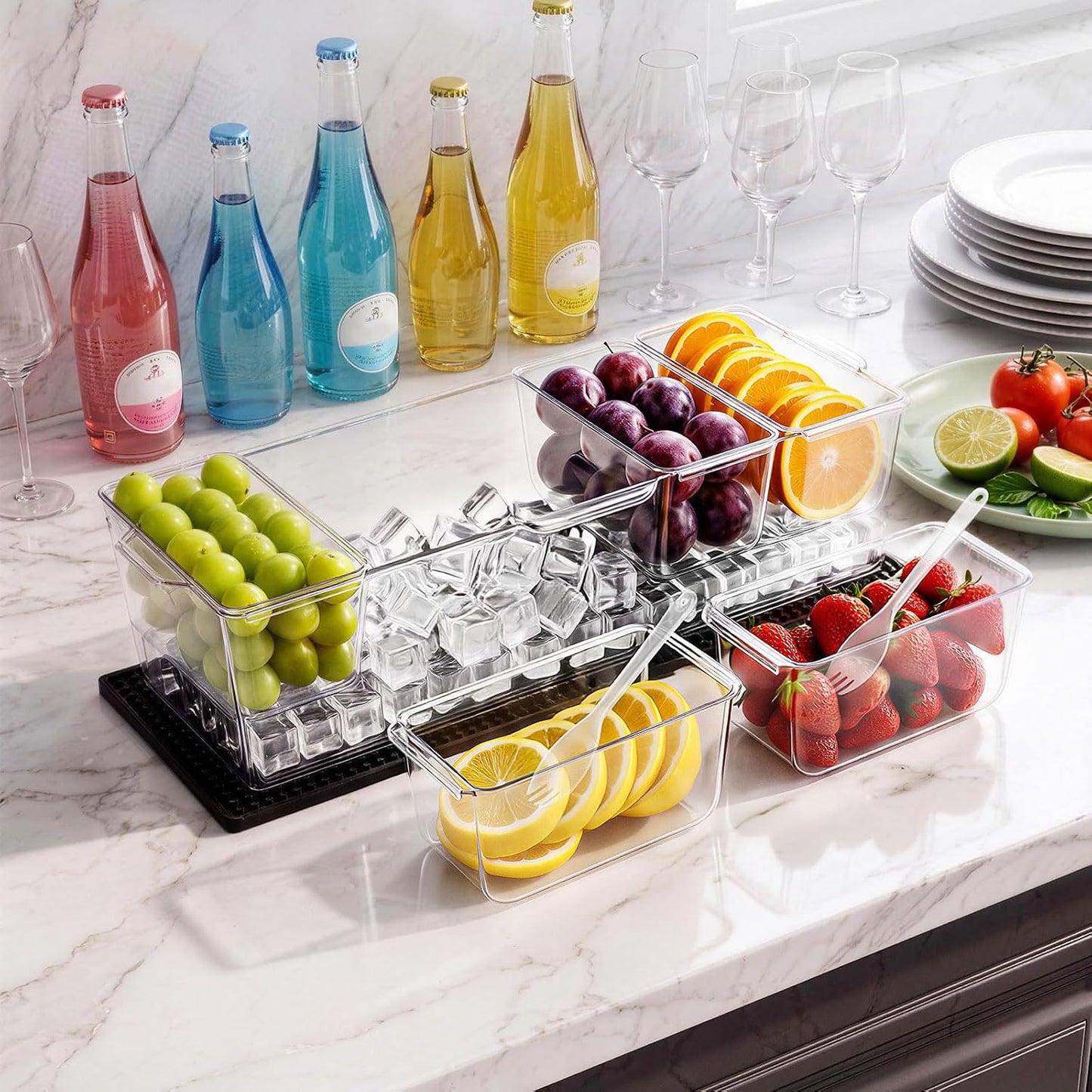 VEVOR Chilled Condiment Server Caddy, 5 Compartment Ice Cooled Serving Container, Plastic Fruit Garnish Tray Platter with Lid, for Taco Salad Bar Accessories, Party Home Restaurant Supplies