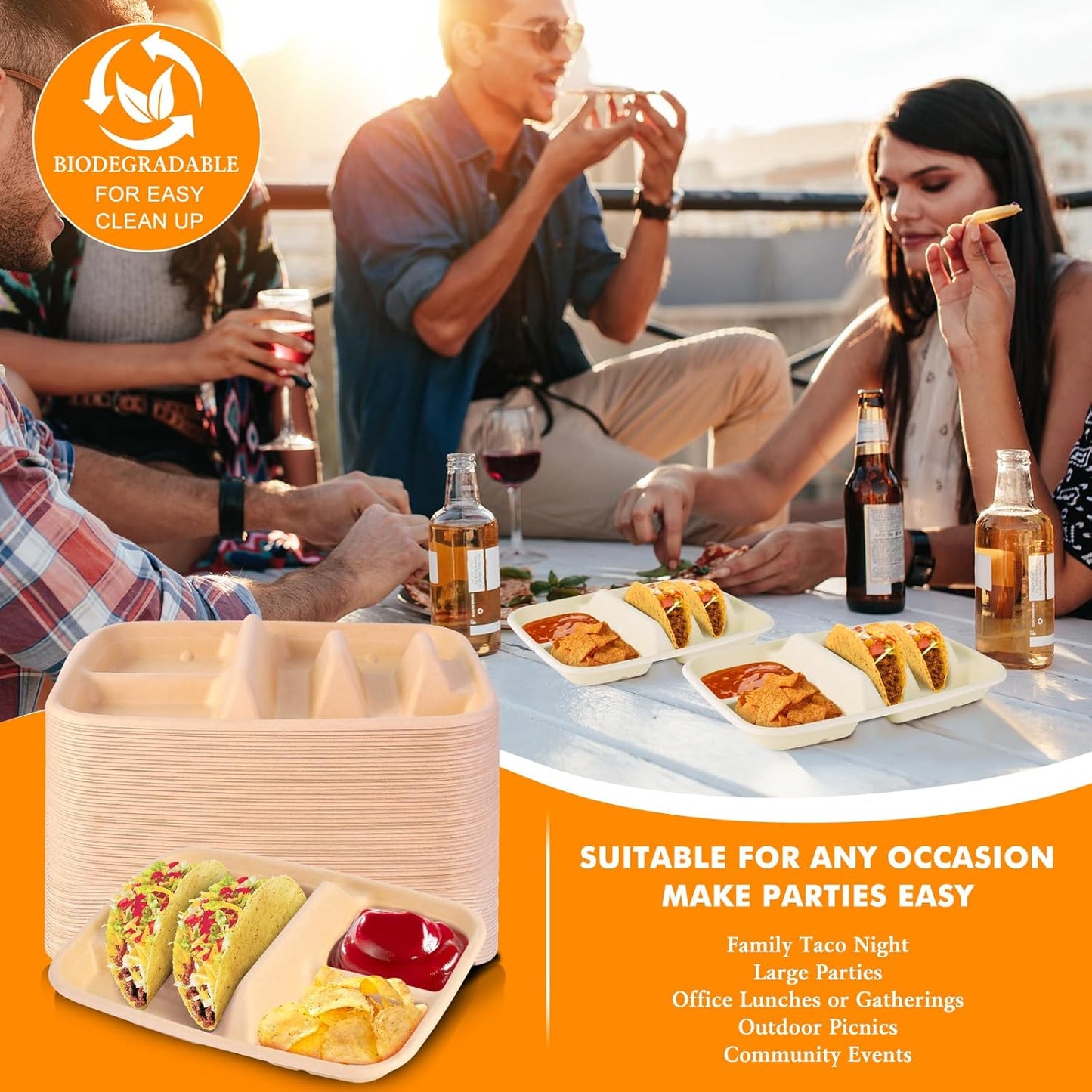 tchrules 50pcs Taco Plates Disposable for 2 Tacos & 2 Sides, Premium Paper Taco Holders for Tacos Tuesday Bar Serving Set, Decorations Supplies (50)