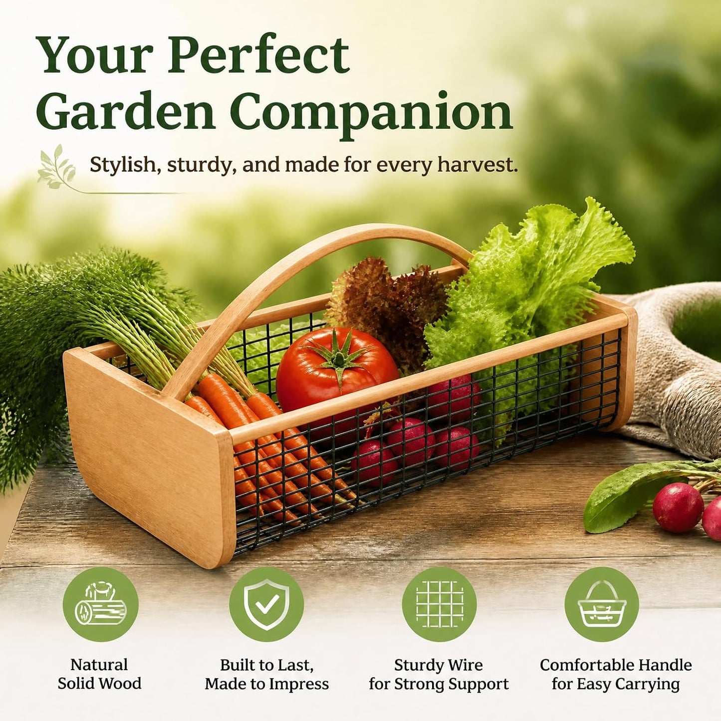 Garden Harvest Basket for Gathering Vegetables, Fruits & Flowers – Durable Wooden Hod with Rotating Handle, Coated Wire Mesh Produce Caddy for Rinsing, Draining & Farmhouse Decor