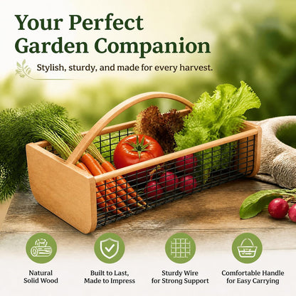 8-Qt Garden Hod Harvest Basket, Acacia Wood, Wire Mesh, Oak Handle