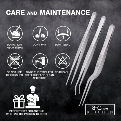 8-CREW KITCHEN Culinary Stainless Steel Tweezers, 6-inch Set of 3 Chef Precision Tongs for Plating, Decorating, Food Design, Bar and Multi-Purpose