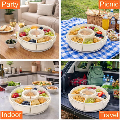 Vegetable Serving Tray with Lid and Handle, 12-Inch Rotating Fruit Tray with 5 Divided Sections & Center Bowl, Round Veggie Tray Container for Family Snacks, Parties & Movie Nights