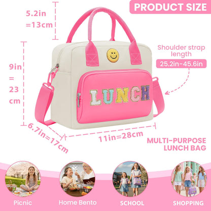 RLGPBON Insulated Lunch Bag Teen Girls, Preppy Lunch Box Large Insulated Lunch Bag Reusable Lunch Tote Bag, Preppy LunchBag for Girls School Travel Picnic