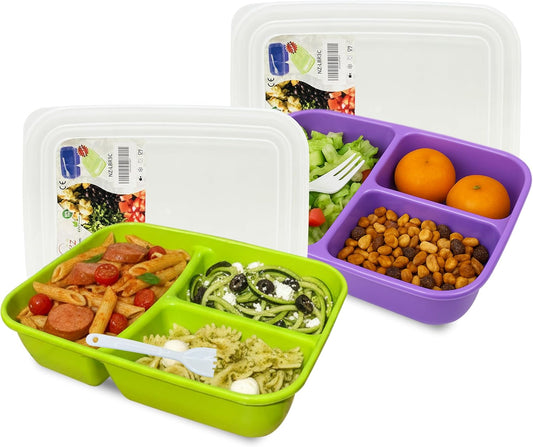 Neez 2-Pack Reusable Bento Box Lunch Containers- 3 Compartment Divided Lunch Organizer, Meal Prep Lunch Box with Lids, Microwave Safe & Sectioned Food Containers(48oz Green & Purple)