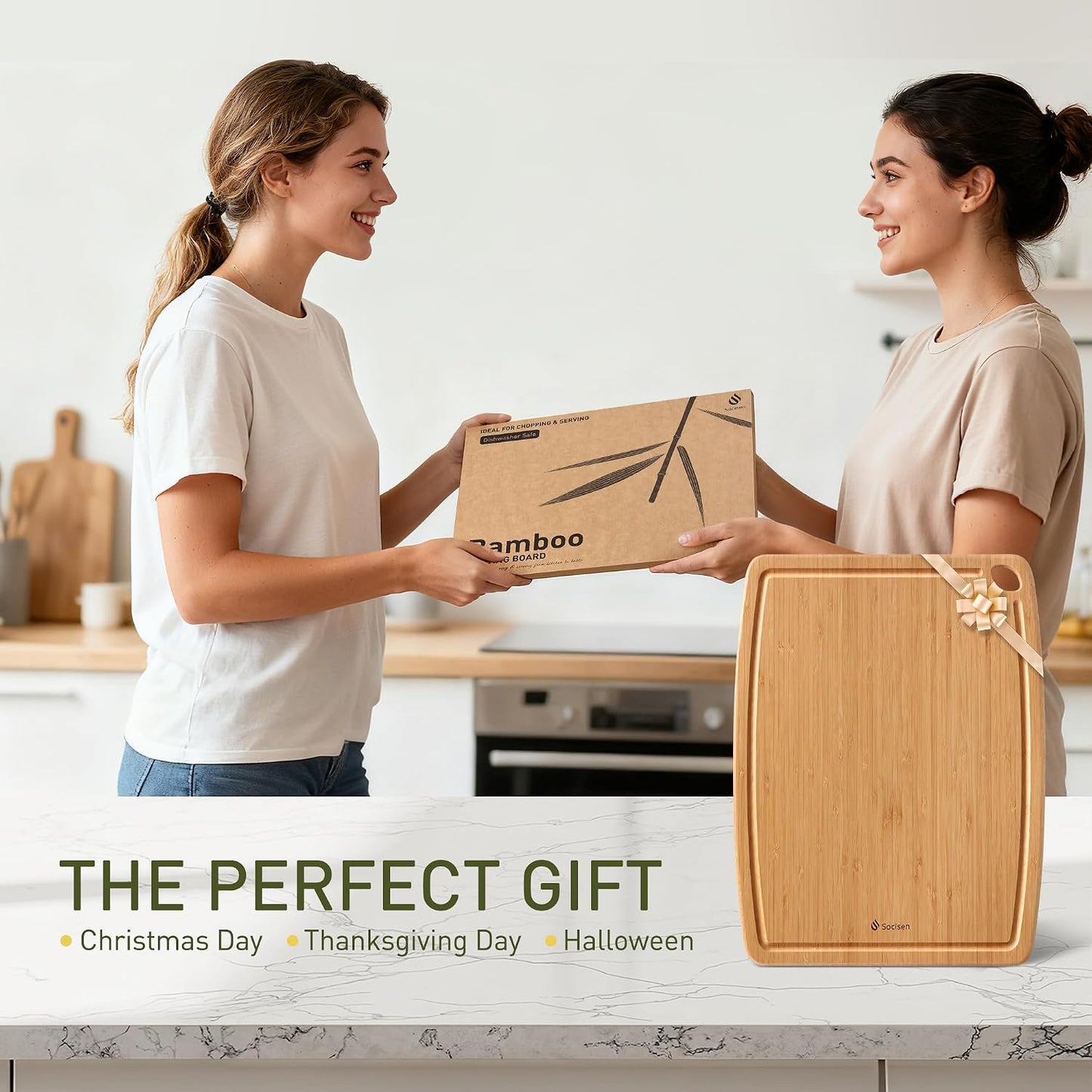 Lightweight Durable Bamboo Cutting Board Set with Non-Slip Feet, Wood Cutting Board for Busy Kitchen, Easy Clean Wooden Chopping Boards with Juice Groove Best House Warming Gift Set of 3 (S+M+L)