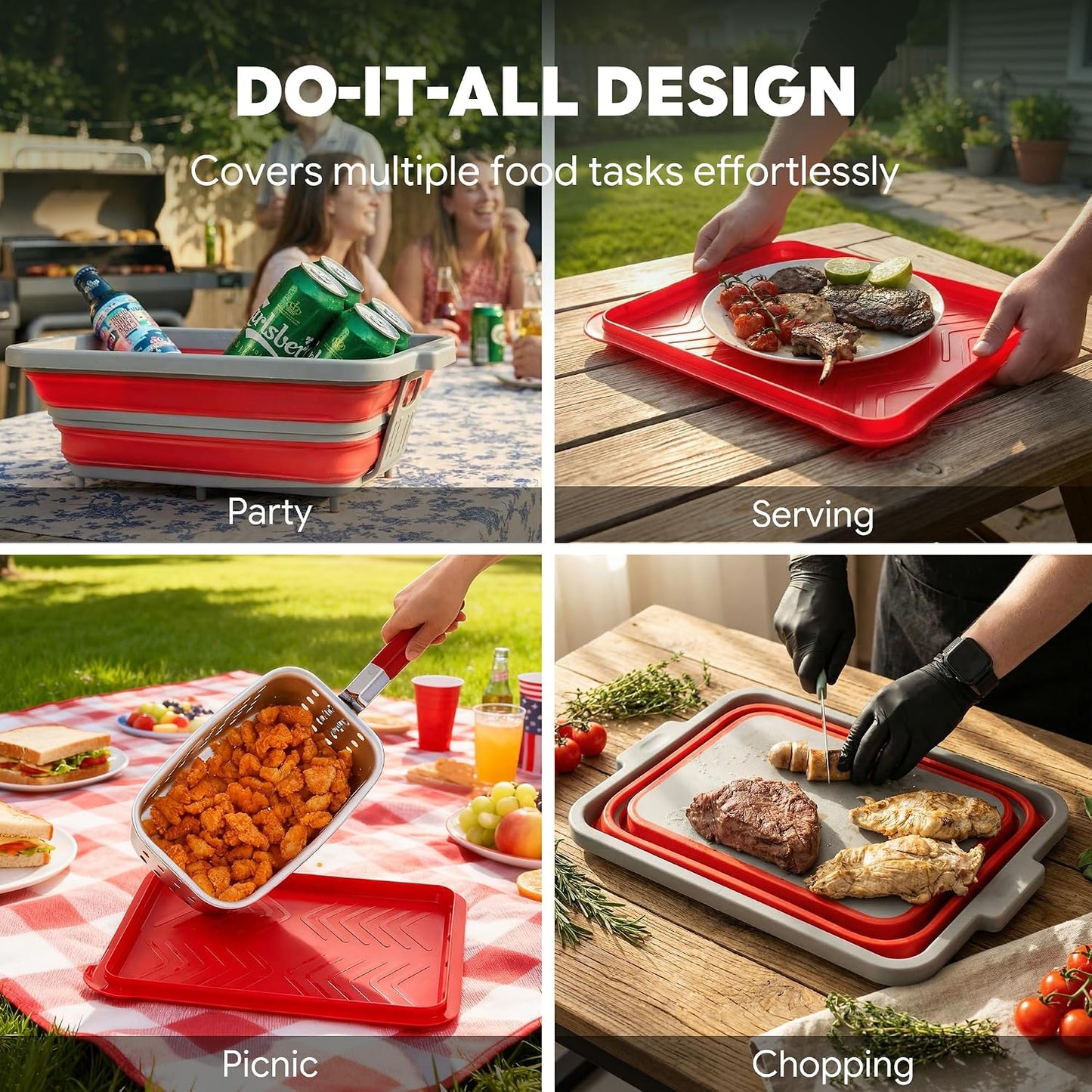 Feasto Collapsible BBQ Prep Tubs with Cutting Board, 9-IN-1, 2 Tubs Portable Grill Prep Station with Side Brackets, Lids, Knives, Meat Claws and Drain Rack, Space-Saving for Kitchen & Camping, Black