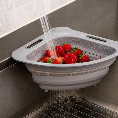 Collapsible Corner Colander – Space-Saving Over Sink Strainer, 3.5 Qt, Grey
