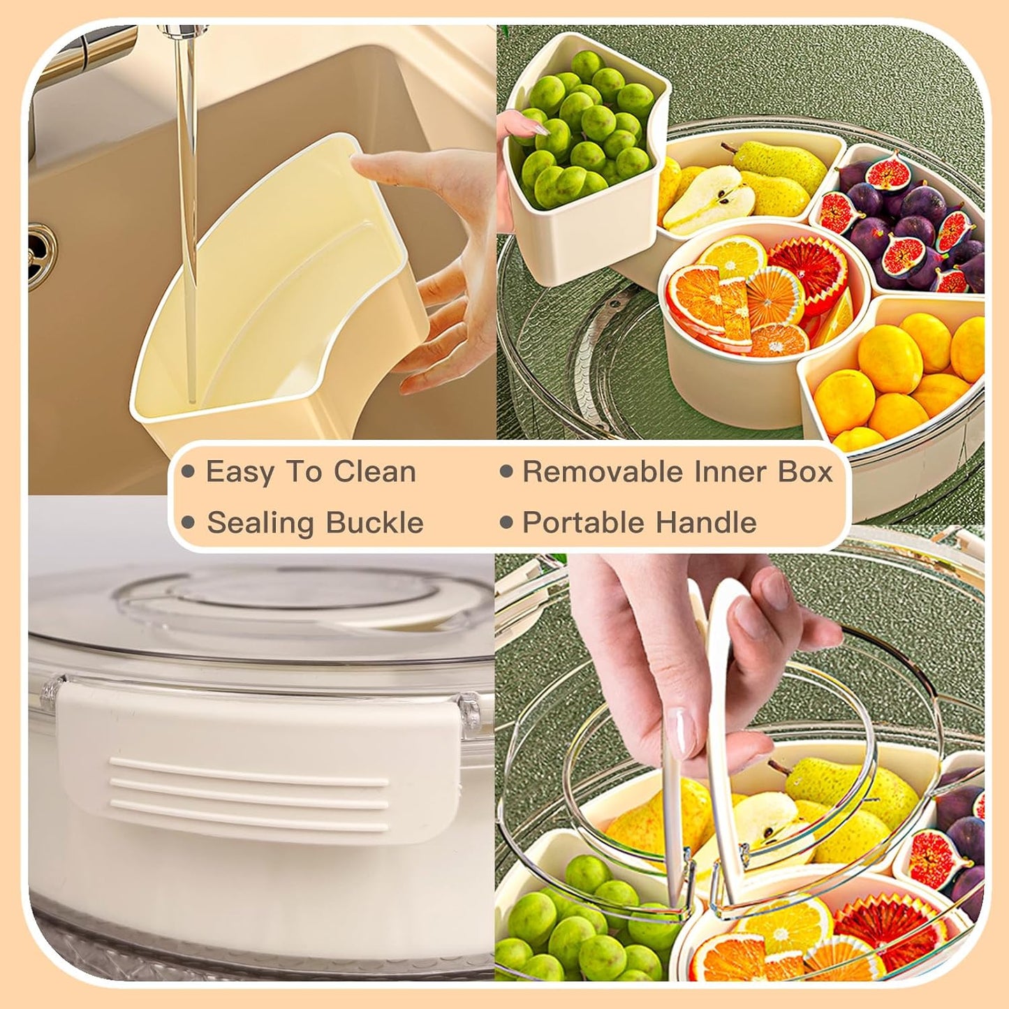 Rotating Divided Serving Tray with Lid and Handle,6 Compartments Snackle Box Container,12" Large Snack Spinner Lazy Susan,Fruit Veggie Tray Portable Round Snack Box Candy Fridge Organizer Platterbox