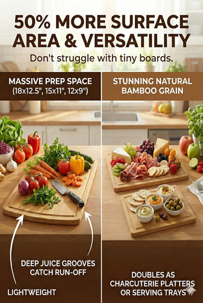 Greener Chef Luxury Bamboo Cutting Board Set of 3 with Glue-Free Surface Technology - Extra Spacious Wood Cutting Boards for Kitchen and XL Chopping Board Set - Replacements for Life